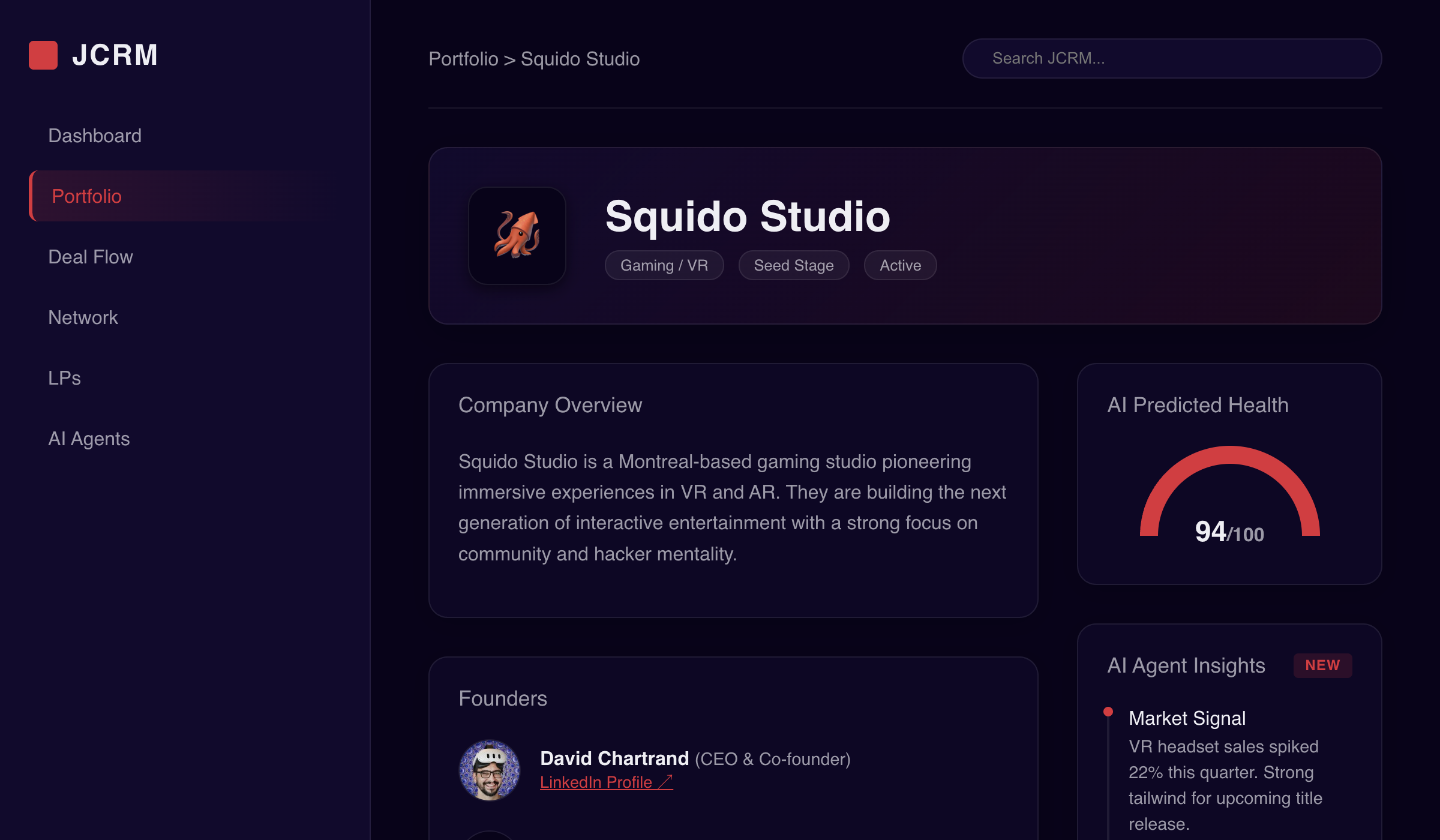JCRM UI featuring Squido Studio portfolio profile